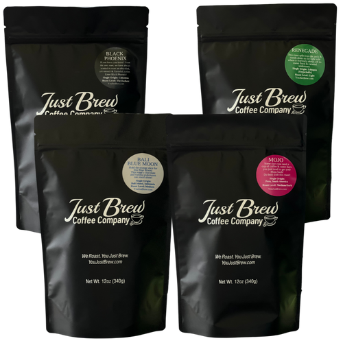 Just Brew Coffee's bundle of light, medium, and dark roast blends of coffee.